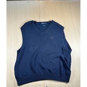 Vintage Polo Ralph Lauren Sweater Vest Mens Blue Cotton Pony Logo Knit V Neck